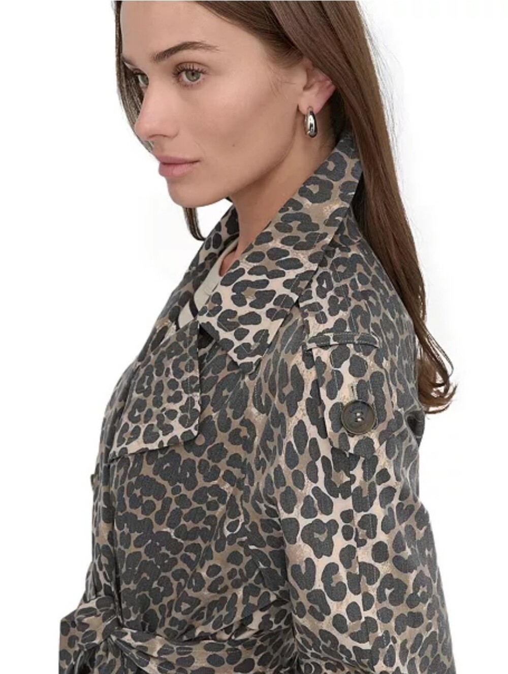 DKNY Women's Belted Double-Breasted Trench Coat In The Color Leopard - Picture 6 of 15